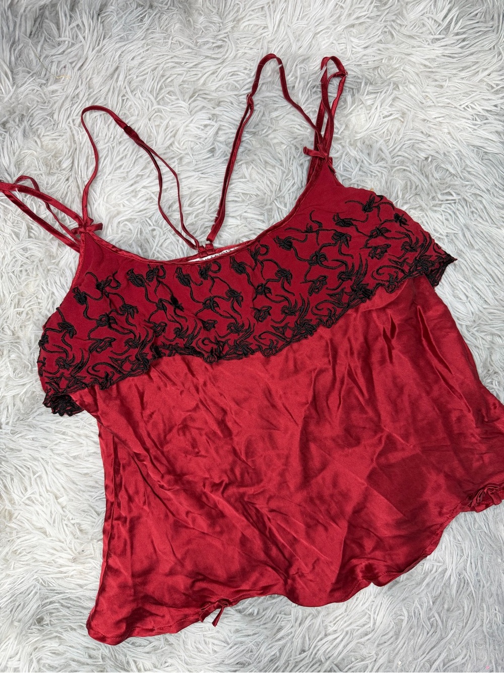 Linda Hartman Red 100% Silk Lace Embroidered Cami Top Y2K Lingerie Medium